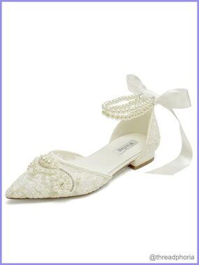 Pearl Lace Wedding Flats Pointed Toe Bridal Shoes